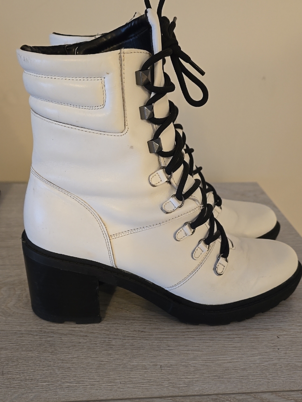 Marc Fisher White and Black Lace-Up Block Heel Combat Boots
